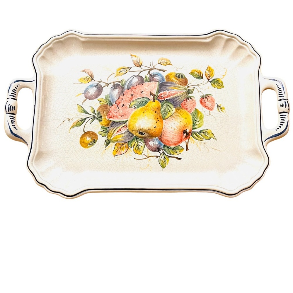Vintage Bassano Italy Painted Ceramic Platter with handles. Colorful fruit motif
